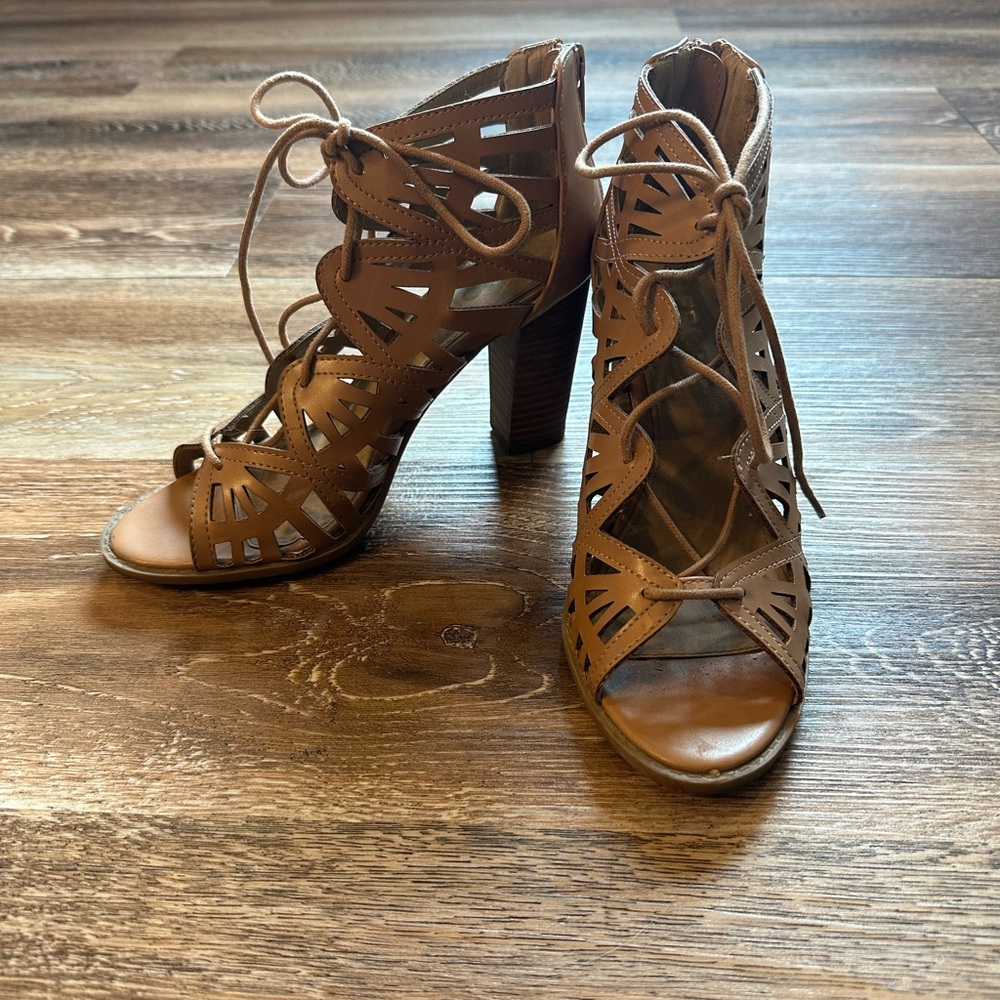 Report Tan Lace-Up Cutout Heels